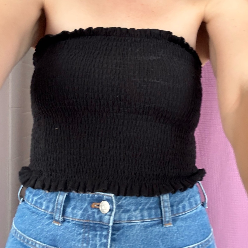 Black Strapless Smocked Top